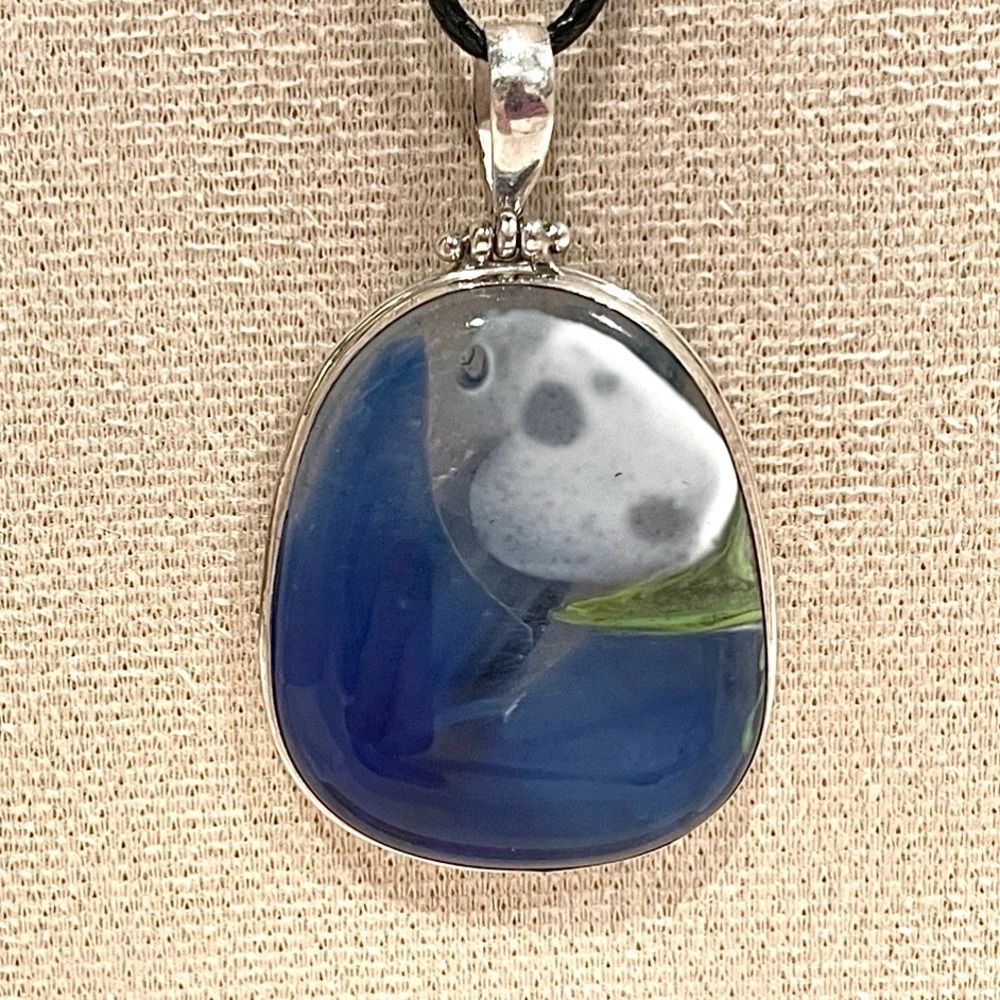 Artisan One-of-a-Kind Handblown Glass Art Pendant. 925 Sterling Setting.